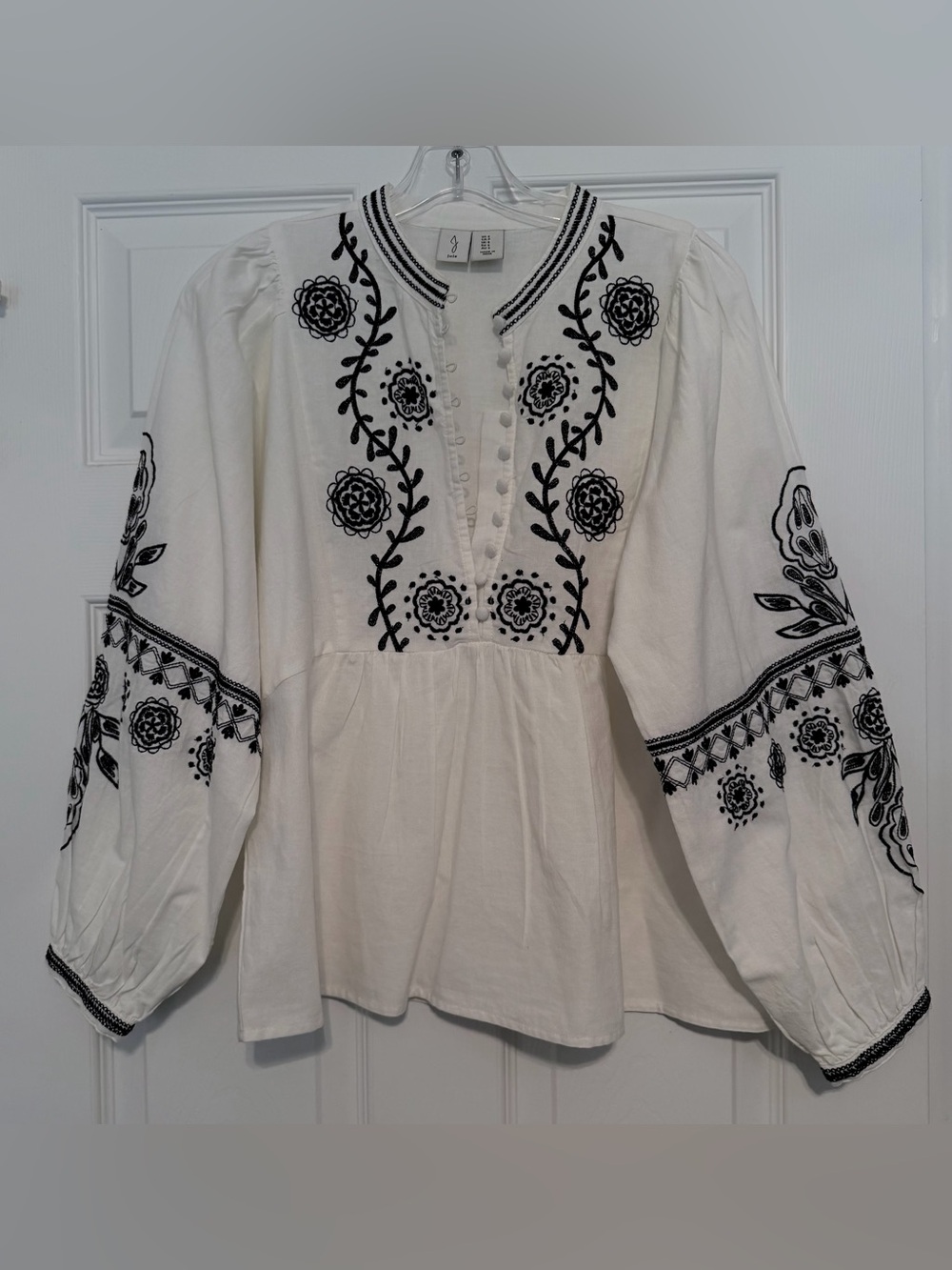 JOIE Black and White Embroidered Linen Top